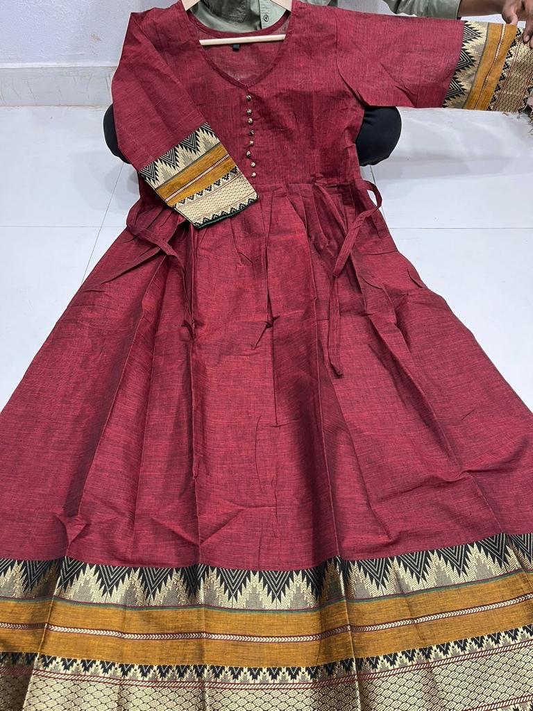 Mangalagiri Pure Cotton Long Frock with Kalamkari 3/4th hands and matching  Kalamkari Cotton Dupatta - YouTube