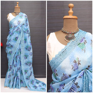 Georgette Sequence work saree with floral prints