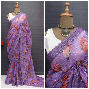 Georgette Sequence work saree with floral prints