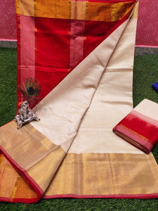 Handloom Tripura silk 400 kaddi border plain sarees with Contrast pallu & blouse - Sheetal Fashionzz