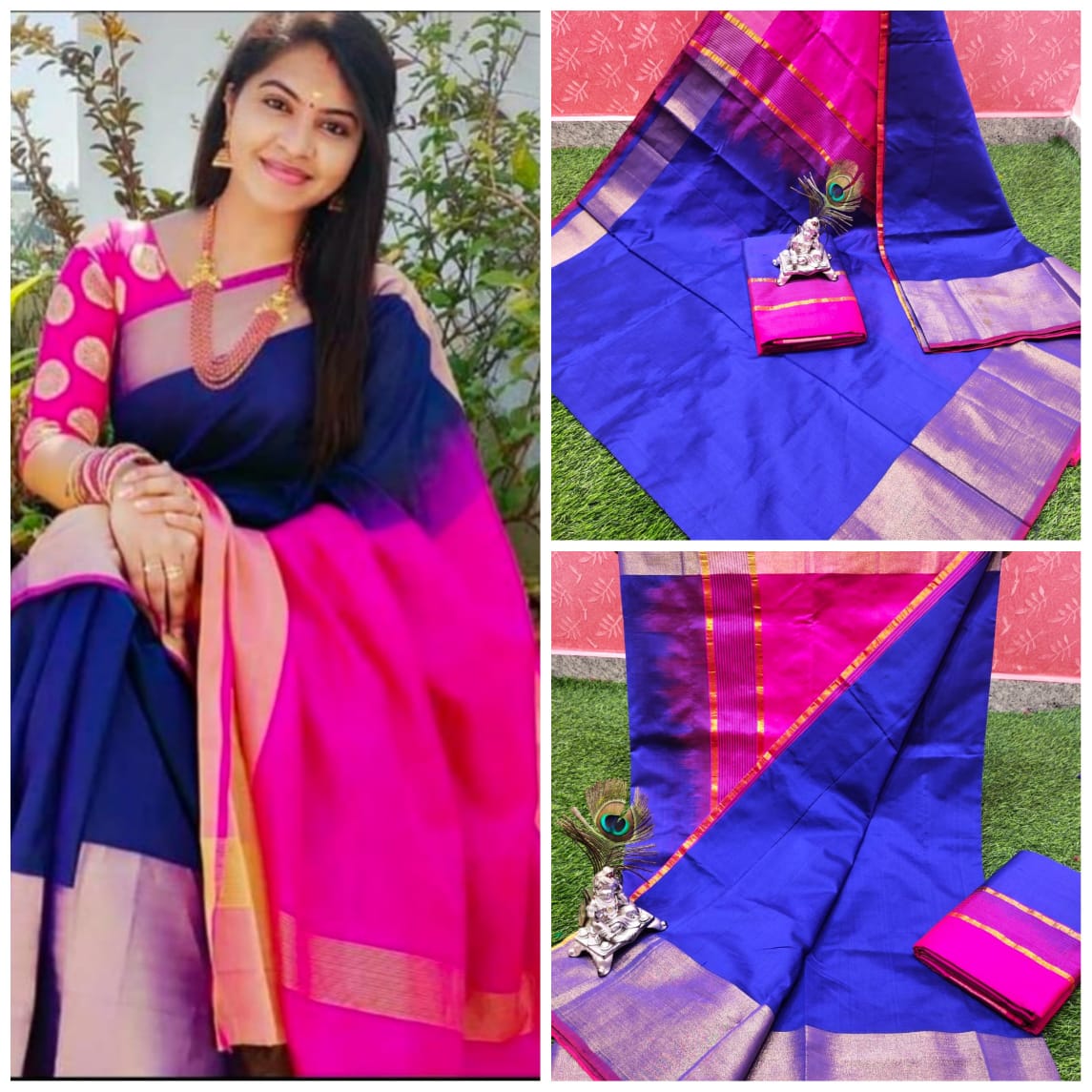 Handloom Tripura silk 400 kaddi border plain sarees with Contrast pallu & blouse - Sheetal Fashionzz